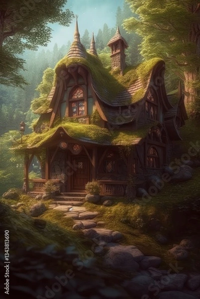 Fototapeta Whimsical Fairytale Cottage in Enchanted Forest with Soft Sunlight and Magical Village Atmosphere