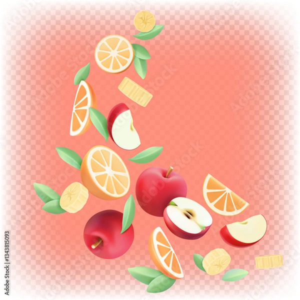 Obraz Flying apples, orange and banana pieces with mint leaves. 3d vector illustration of flying fruits.