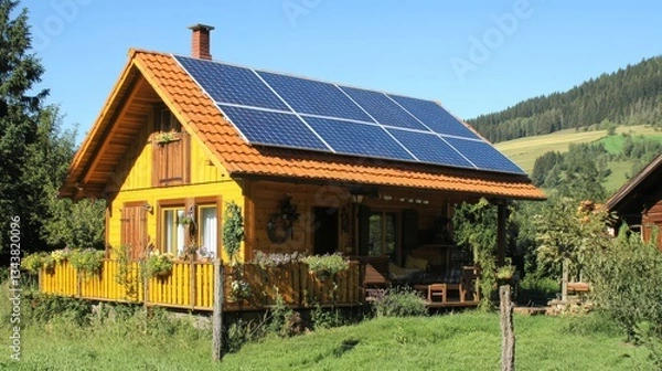 Fototapeta Yellow Cabin With Solar Panels On Roof In Mountain Setting