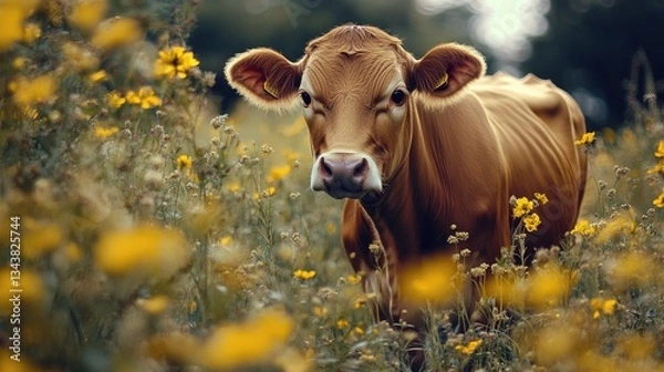 Obraz Brown cow in field of yellow flowers