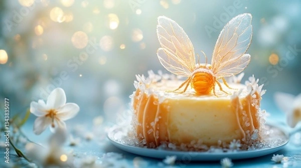 Fototapeta Cake with insect sits on table amidst flowers with bokeh lights background