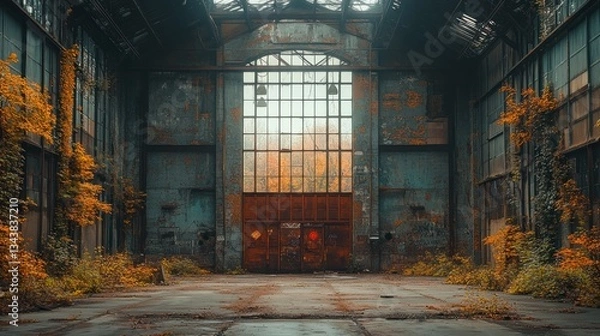 Fototapeta Abandoned factory interior, autumnal foliage, large doorway, trees visible through windows. Use Stock photo