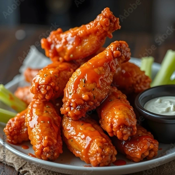 Fototapeta Buffalo Wings - Spicy, tangy chicken wings piled high, coated in fiery sauce and paired with celery sticks and blue cheese dip.