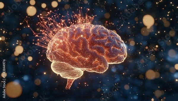 Obraz Illustration of Neon Blue Brain Connections with Abstract Geometry and Bokeh Effects for Neuroscience and Cognitive Concepts