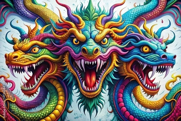 Fototapeta Colorful Graffiti Hydra: Mythical Creature with Multiple Heads - Stock Photo