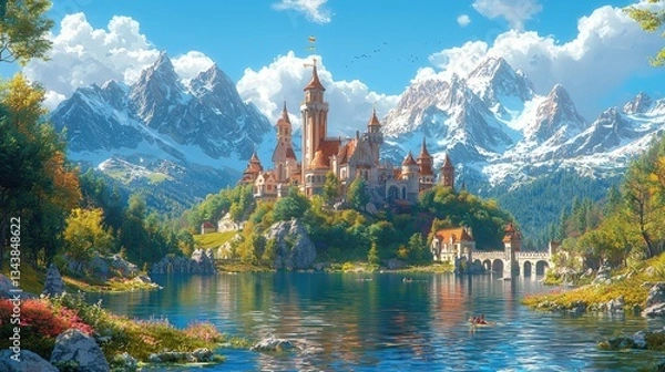 Fototapeta Majestic castle surrounded by mountains and a serene lake under a clear sky