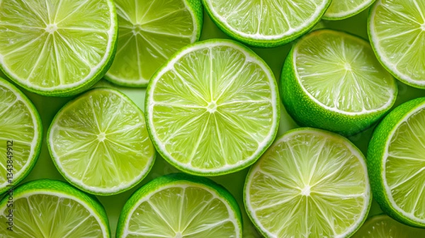 Fototapeta Fresh lime slices arranged neatly on a bright green background