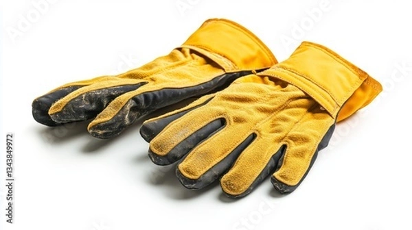 Fototapeta Yellow work gloves laid out on a white background. Ideal for construction tasks and outdoor jobs. Durable and practical safety gear for your protection. Generative AI