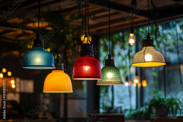 Fototapeta There are two lights hanging from the ceiling in a restaurant