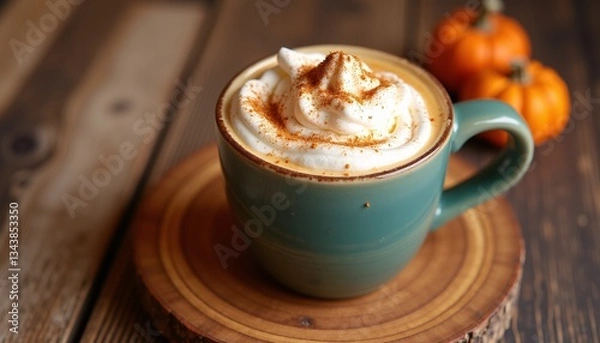 Fototapeta "A pumpkin spice latte with whipped cream and brown sugar, in a ceramic cup, on a wooden board, vibrant colors"