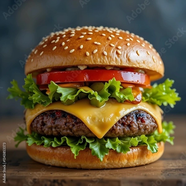 Fototapeta Cheeseburger - A juicy beef patty layered with melted cheese, fresh lettuce, tomato, and pickles, enclosed in a sesame-seed bun.