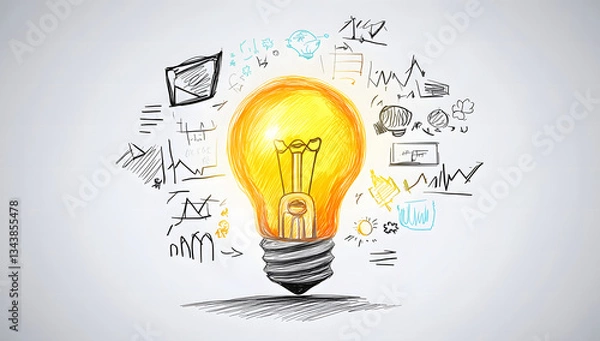 Fototapeta Bright Ideas Hand-Drawn Lightbulb with Creative Sketches and Business Graphs