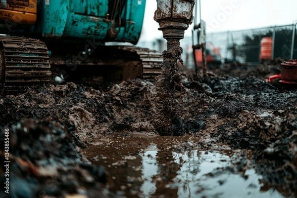 Fototapeta A drilling rig is operating at a site where deep hole drilling and geological exploration work are underway for mineral exploration purposes, utilizing a powerful drill to create a well