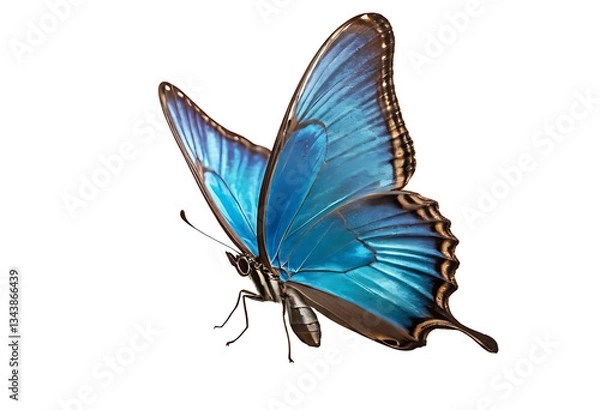 Fototapeta A morpho butterfly with vibrant blue wings that shimmer in the light. The image captures the butterfly in a side view, isolated on a transparent background (PNG).