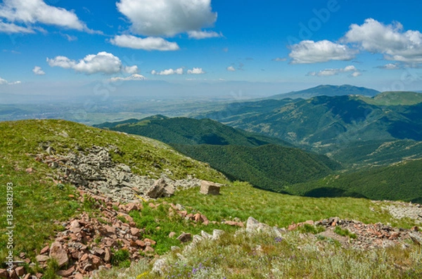 Obraz alpine meadow on Mount Teghenis  with Ararat and Arailer mountains scenic view (Tsaghkadzor, Armenia)