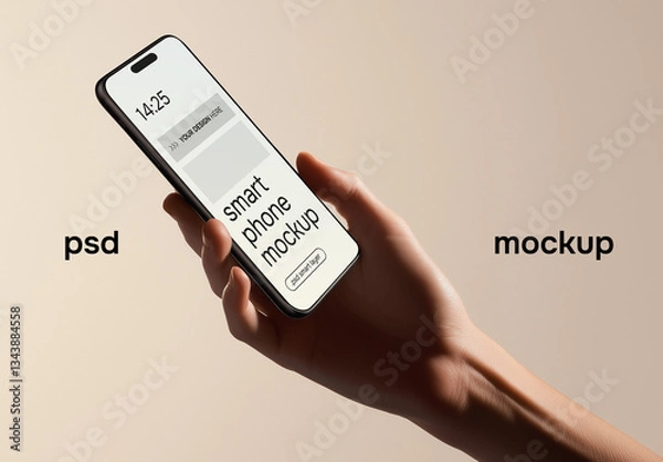 Obraz A hand holding a smartphone in a studio setting - mockup