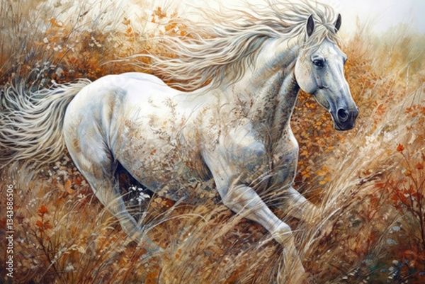 Fototapeta white horse in a field among tall autumn grass,.  watercolor style, Generative AI