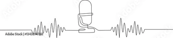 Obraz Podcast concept Microphone and soundwave Continuous line drawing