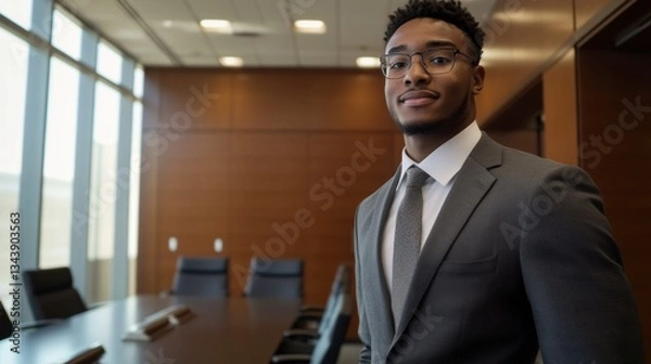 Fototapeta A young CEO confidently standing in a boardroom