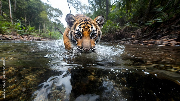 Fototapeta Tiger Swimming Through Crystal Clear Water in Lush Tropical Jungle Environment