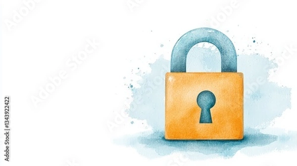 Fototapeta Secured Secrets: A watercolor-style illustration of a padlock, rendered in gentle hues of yellow and blue. The background features soft watercolor washes, creating a sense of security and privacy.