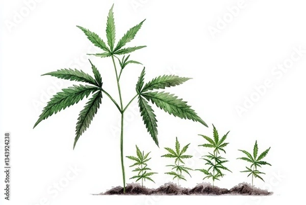 Fototapeta Illustration of a cannabis plant growing, showcasing different growth stages from seedling to maturity in a natural setting.