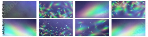 Fototapeta Rainbow light prism effect, transparent background. Hologram reflection, crystal flare leak shadow overlay.