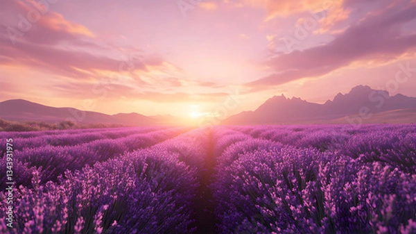 Fototapeta Lavender Field in Full Bloom at Sunset with Glowing Sky and Soft Light