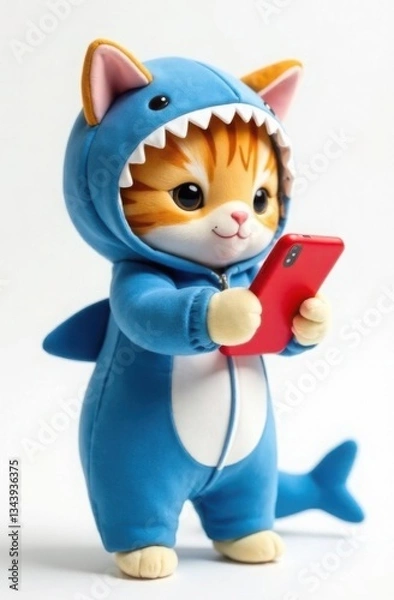 Fototapeta Plush toy cat in blue shark costume with smartphone. Trendy character, template for notebook, teenager's diary design, on white background