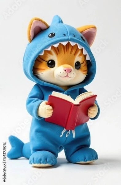 Fototapeta Plush toy cat in blue shark costume reading a book. Trendy character, template for notebook, teenager's diary design, on white background