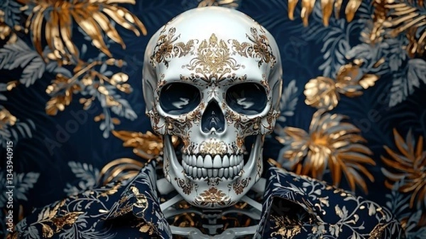 Fototapeta   A detailed portrait of a human head adorned in a blue-gold shirt, with gold foliage decorating the background wall