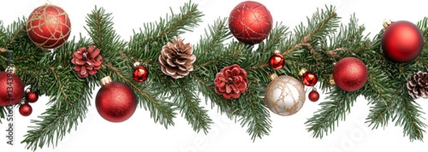 Fototapeta Christmas Branches Border with Christmas Decorations PNG isolated over transparent background.
