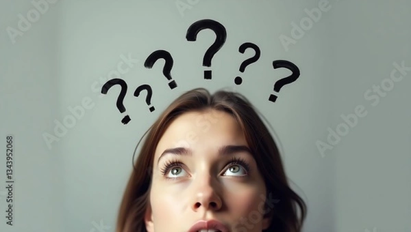 Fototapeta "Curious Thoughts: A Woman's Gaze and Floating Question Marks"