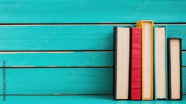 Fototapeta A collection of five books in various colors leaning against a vibrant turquoise wooden background.