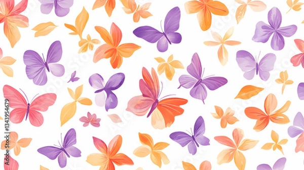 Fototapeta Colorful butterflies and flowers pattern, spring nature background, ideal for textile design