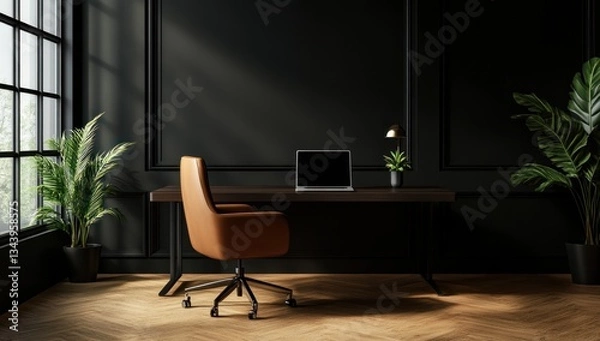 Obraz Modern dark office workspace with laptop, ideal for presentations or productivity
