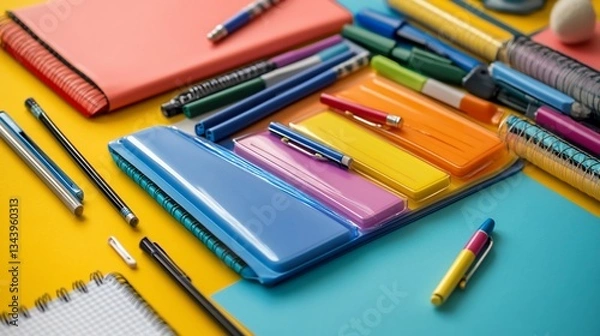 Fototapeta Colorful pens, notebooks, and markers arranged on a bright yellow and blue background
