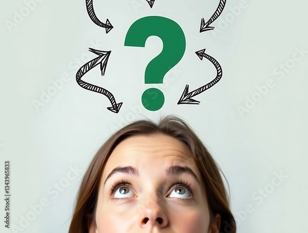 Fototapeta Curious woman looking up at a green question mark, surrounded by hand-drawn arrows in various directions, symbolizing decision-making, contemplation, and curiosity.