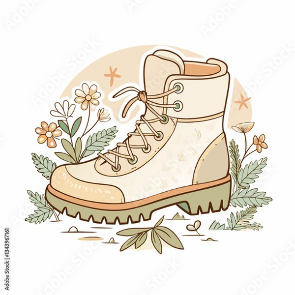 Fototapeta Stylized illustration of a hiking boot surrounded by nature, showcasing outdoor adventure readiness, representing exploration, travel joy, and the harmony of footwear with the environment.
