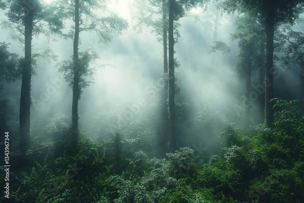 Fototapeta Misty Forest Landscape with Ethereal Light and Dense Foliage