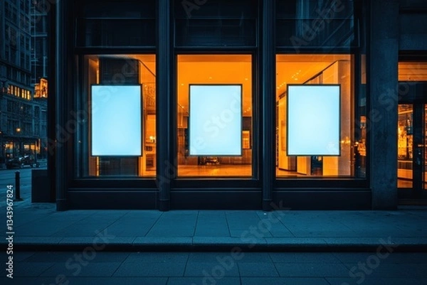 Fototapeta Empty Storefront Windows at Night with Neon Blue Light Glow