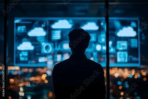 Obraz Silhouette of a person looking at a large screen displaying cloud computing data.