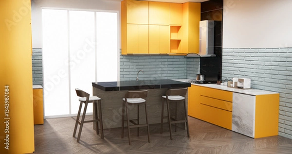 Fototapeta modern loft style on kitchen orange counter scene mockup and set shaped kitchen design. 3d rendering