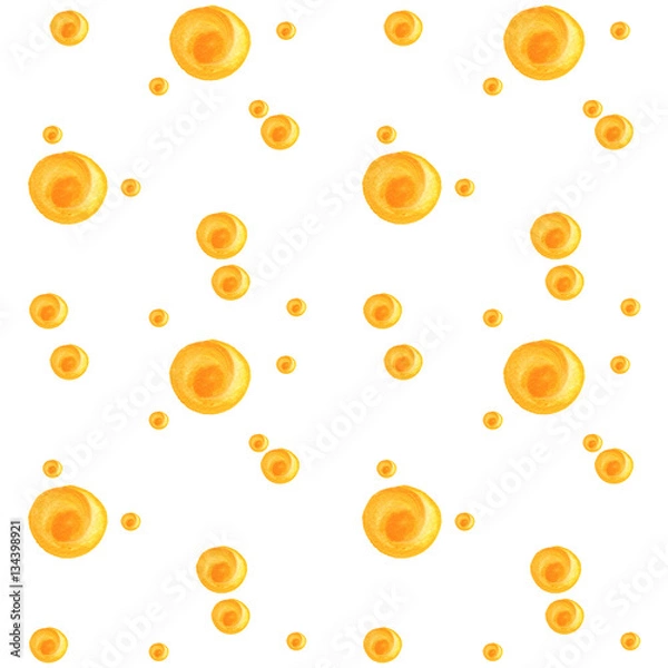Fototapeta The abstract pattern of yellow colorful watercolor circles different sizes. Simple round geometric shapes randomly scattered