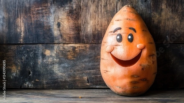 Fototapeta Funny carved sweet potato with a happy face on a rustic wooden background.