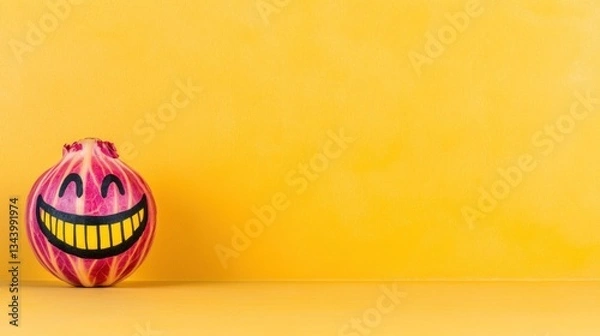 Fototapeta Funny onion with painted happy face on a yellow background.
