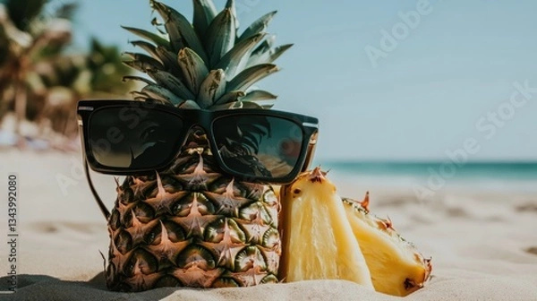 Fototapeta Funny pineapple with sunglasses on a tropical beach.