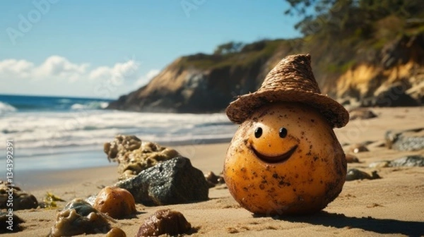 Fototapeta Funny, quirky, cartoonish, potato-shaped fruit with a straw hat sits on a sandy beach, ocean waves in the background.