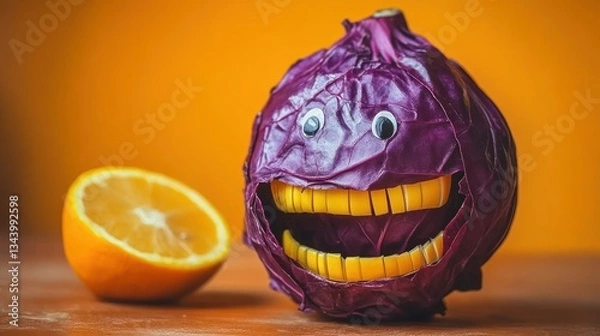 Fototapeta Funny red cabbage head with lemon slice.