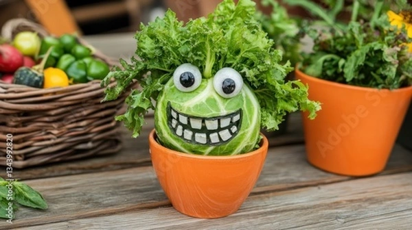 Fototapeta Funny vegetable face in a pot,  a decorative arrangement of lettuce and a  smiling cabbage head.